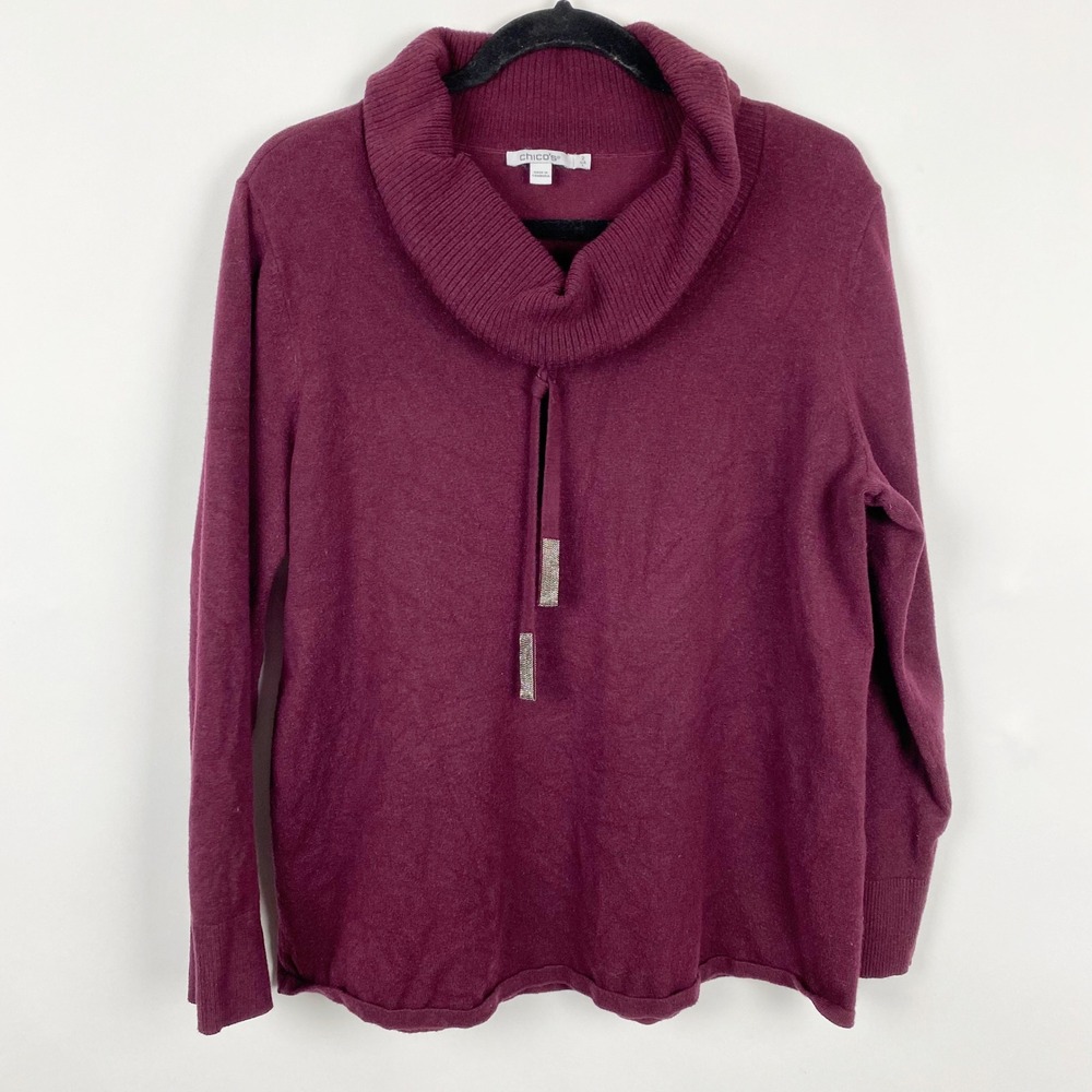 Chico's Cowl Neck Cashmere Blend Sweater Womens L Chicos 2 Burgundy